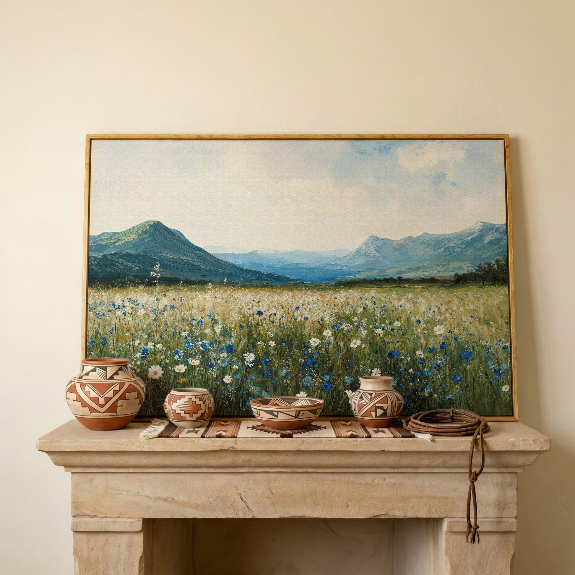 Mountain Wildflower Landscape Canvas in white oak floating frame