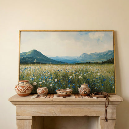 Mountain Wildflower Landscape Canvas in white oak floating frame
