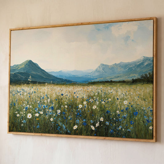 Mountain Wildflower Landscape Canvas shown in white oak floating frame