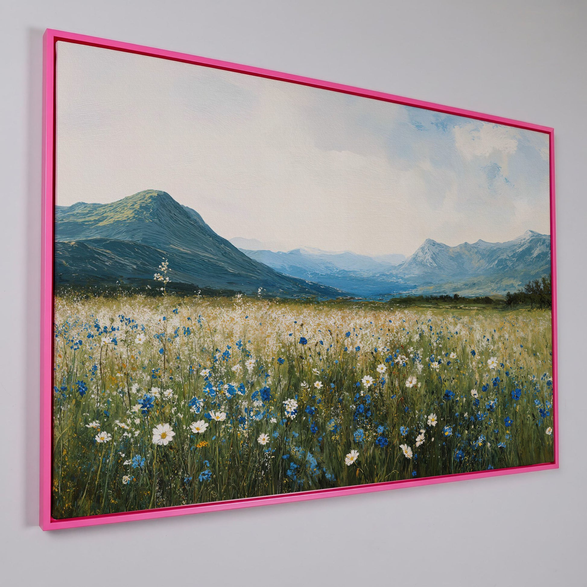 Mountain Wildflower Landscape Canvas in pink floating frame