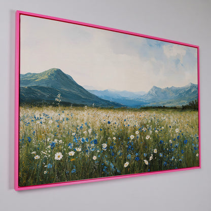 Mountain Wildflower Landscape Canvas in pink floating frame