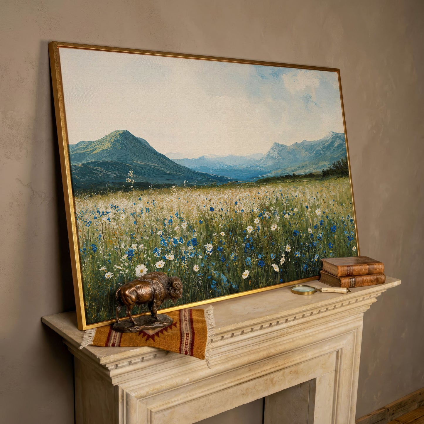 Mountain Wildflower Landscape Canvas in rose gold floating frame