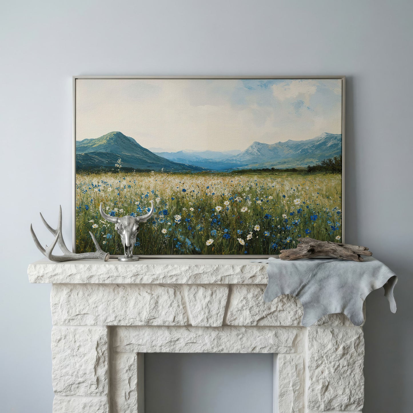 Mountain Wildflower Landscape Canvas in silver floating frame