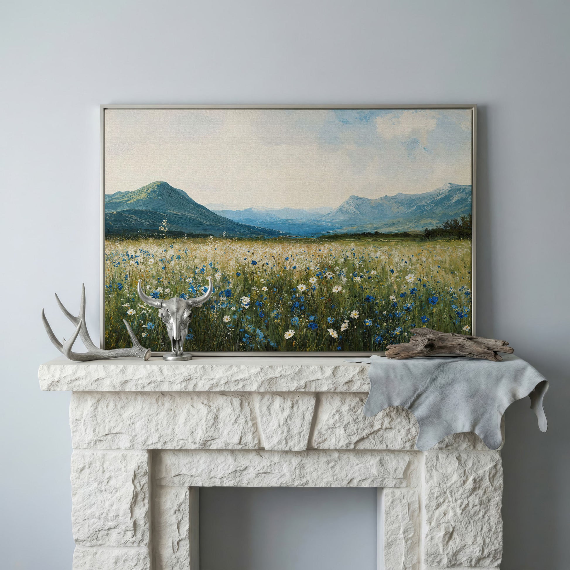 Mountain Wildflower Landscape Canvas in silver floating frame
