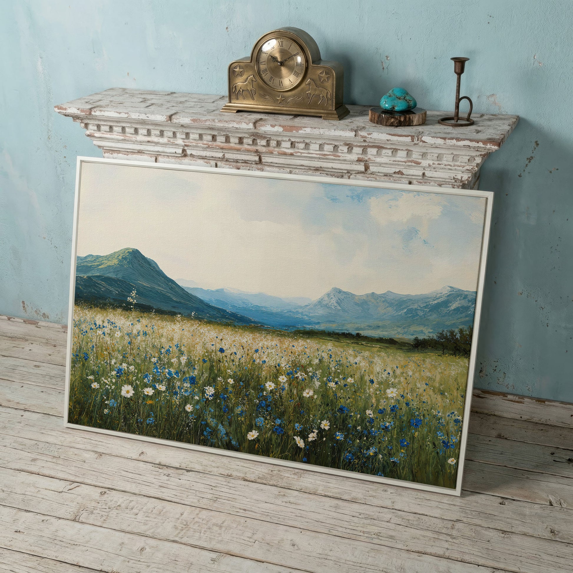 Mountain Wildflower Landscape Canvas in white floating frame