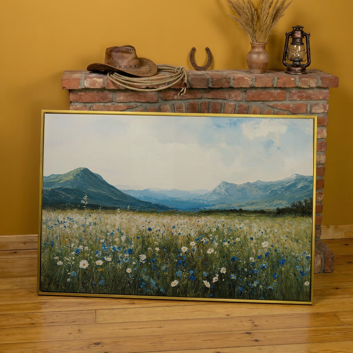 Mountain Wildflower Landscape Canvas in yellow gold floating frame