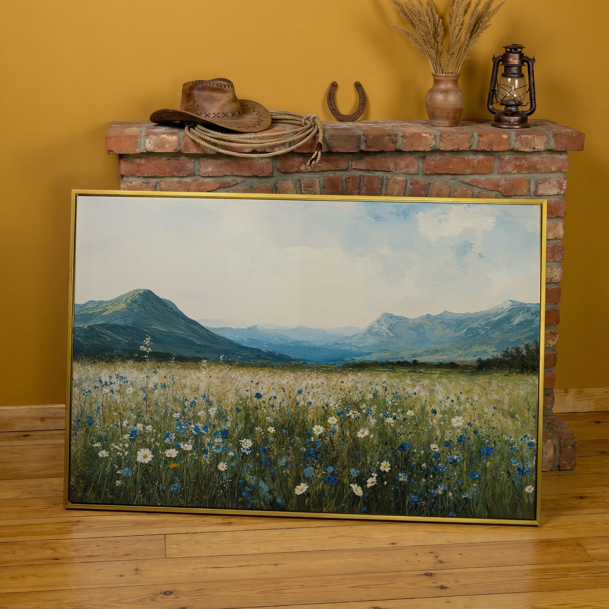 Mountain Wildflower Landscape Canvas in yellow gold floating frame