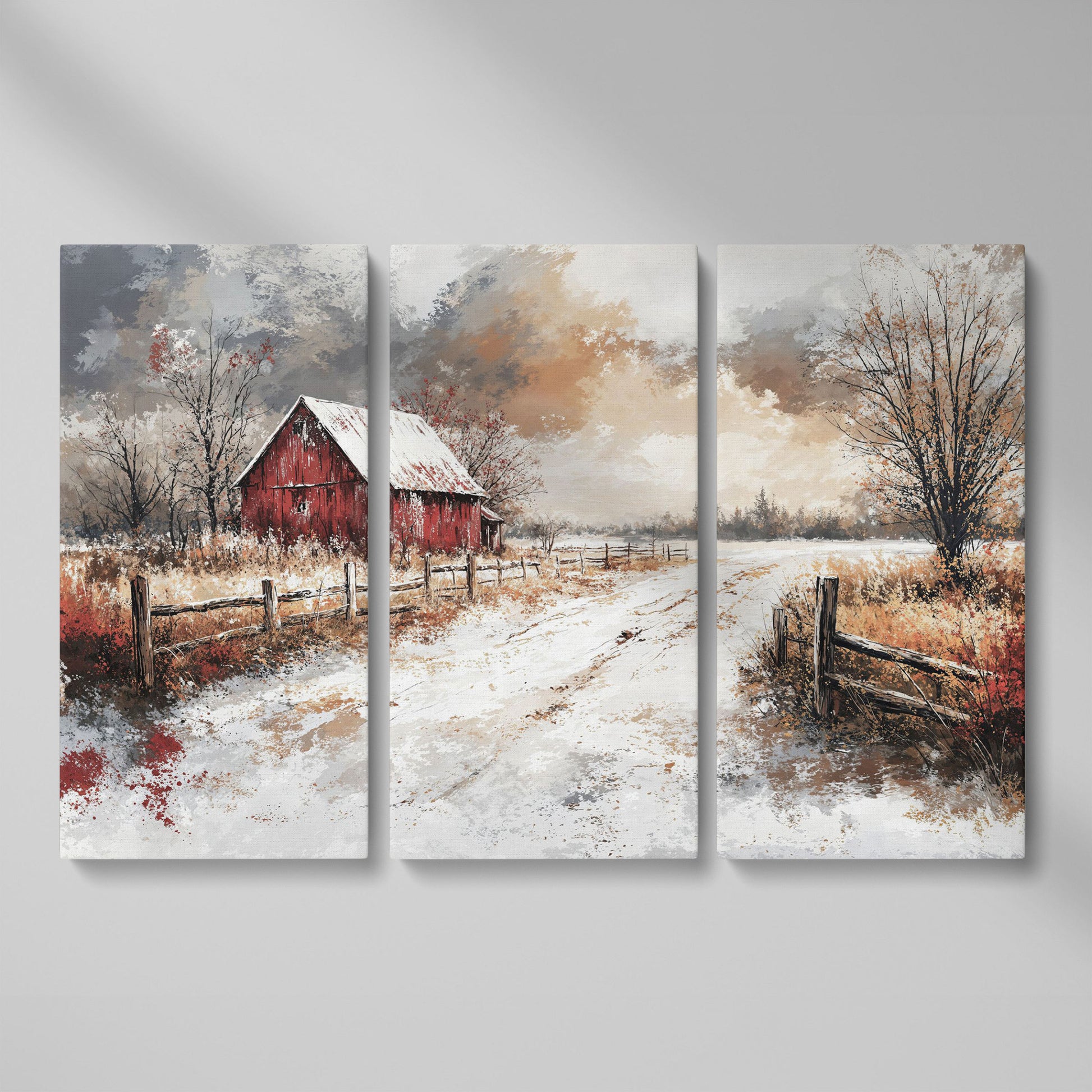 Red Barn in Snow, Rustic Winter Landscape Canvas Art as 3-panel split version