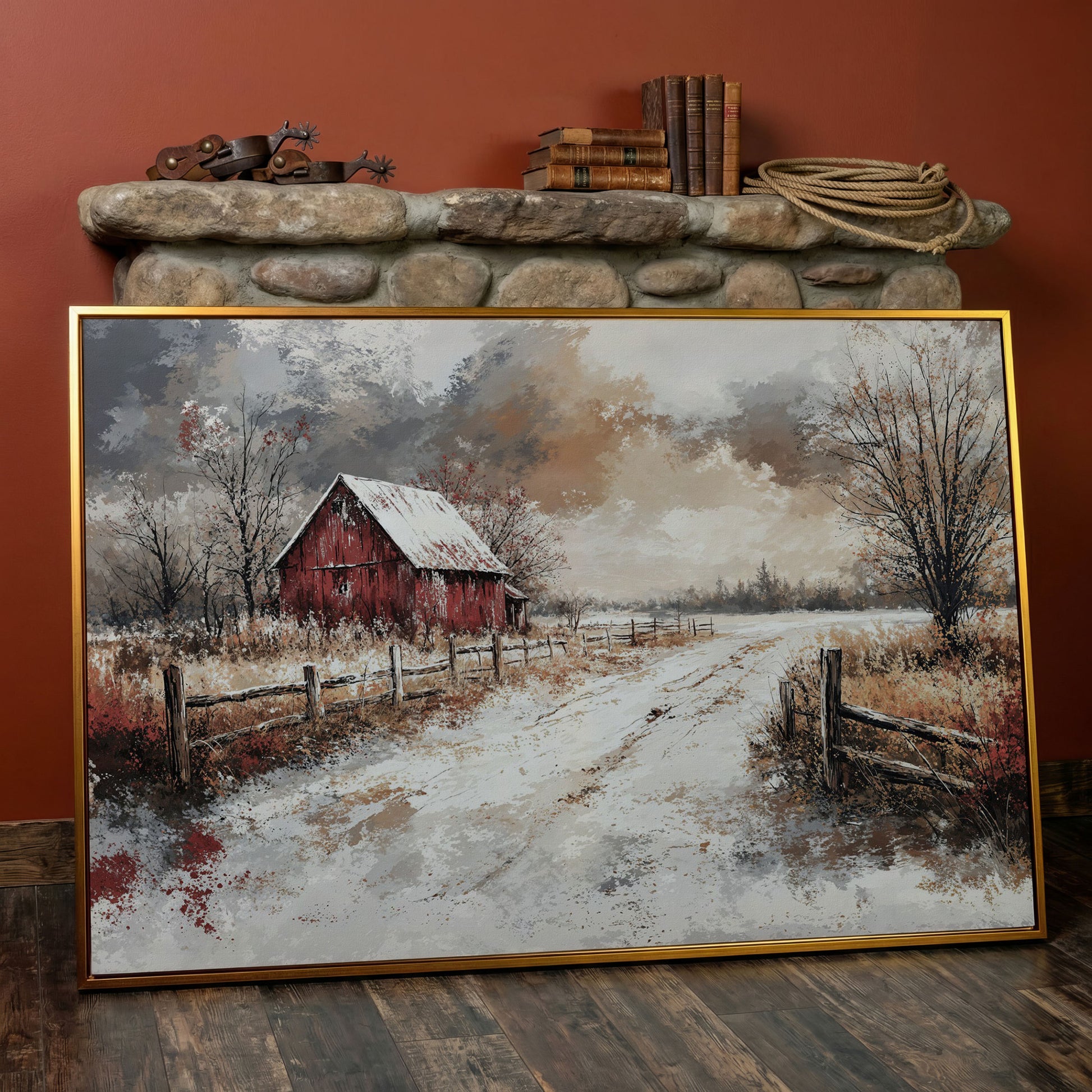 Red Barn in Snow, Rustic Winter Landscape Canvas Art in antique gold floating frame