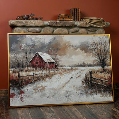 Red Barn in Snow, Rustic Winter Landscape Canvas Art in antique gold floating frame
