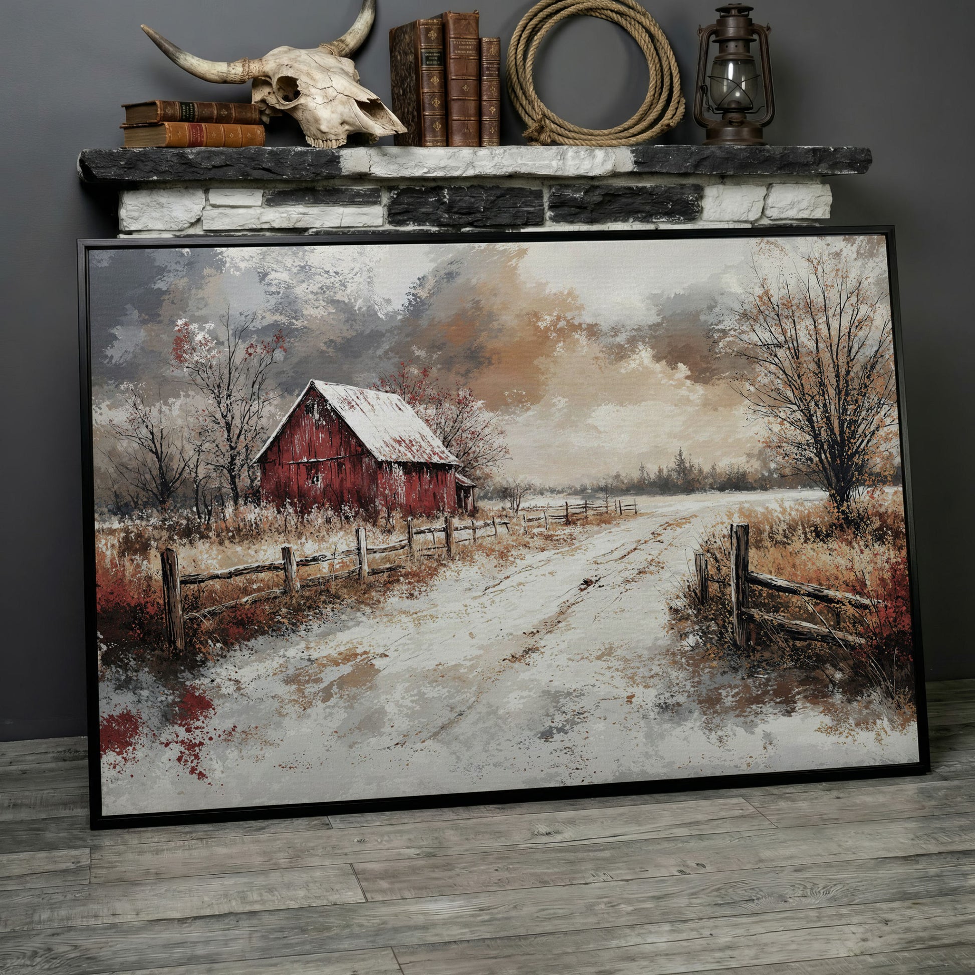 Red Barn in Snow, Rustic Winter Landscape Canvas Art in black floating frame