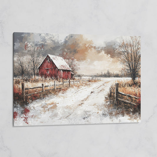 Red Barn in Snow, Rustic Winter Landscape Canvas Art on gallery wrap