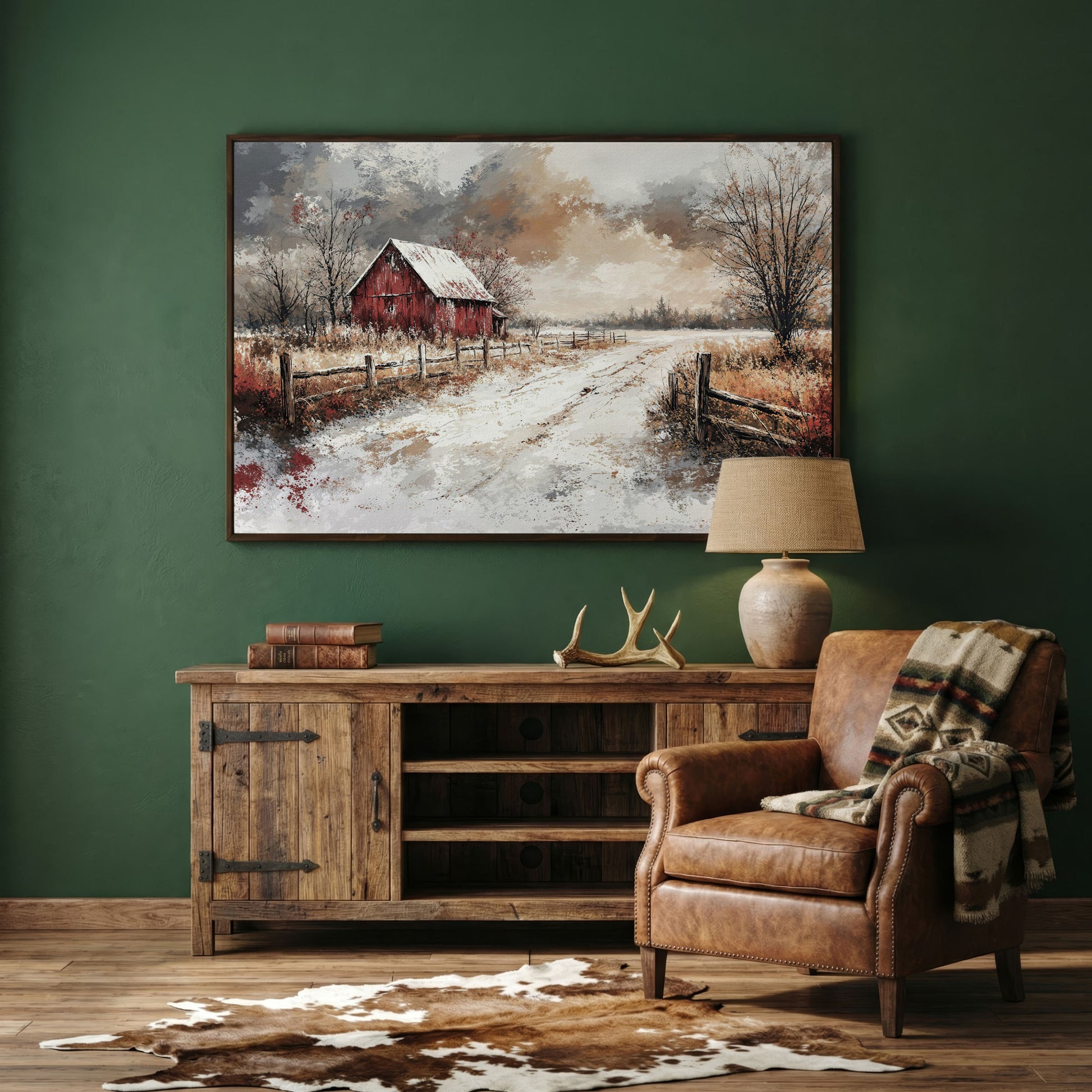 Red Barn in Snow, Rustic Winter Landscape Canvas Art in dark walnut floating frame