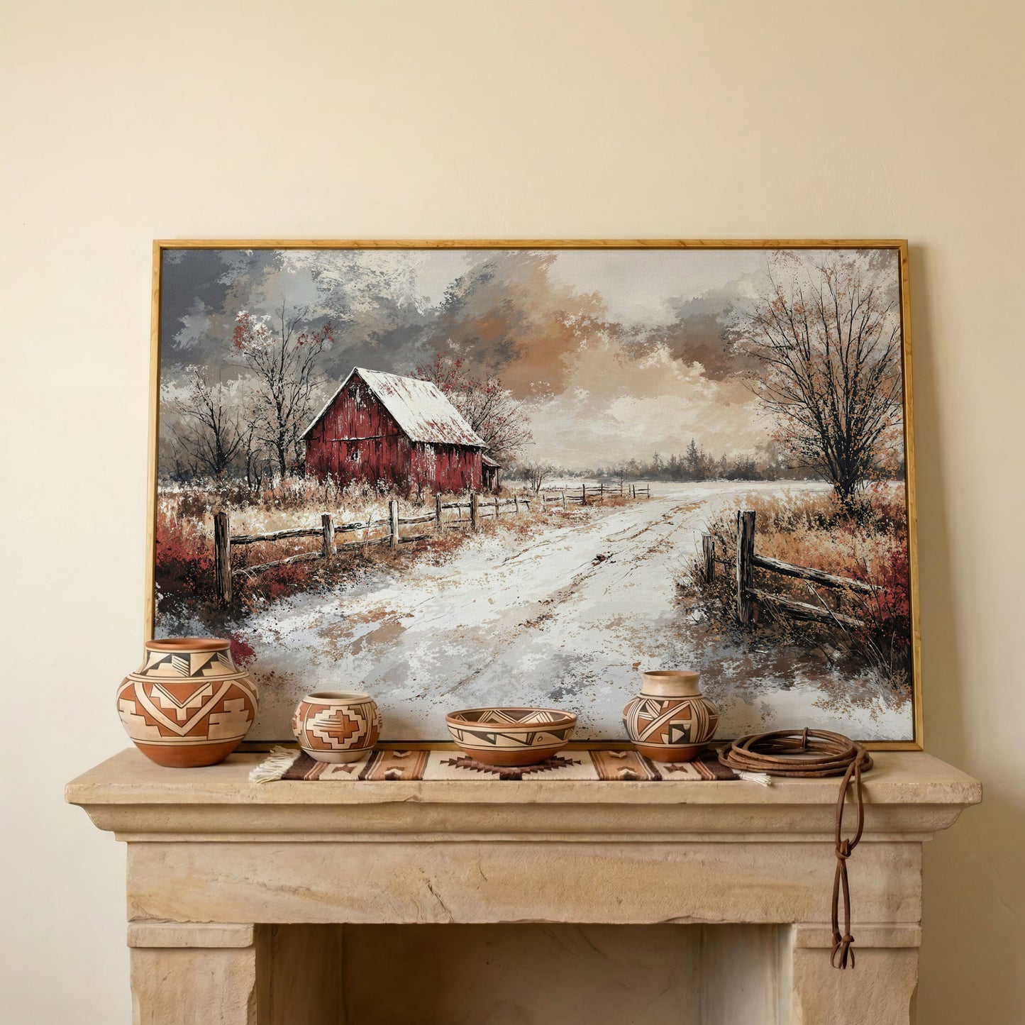 Red Barn in Snow, Rustic Winter Landscape Canvas Art in white oak floating frame