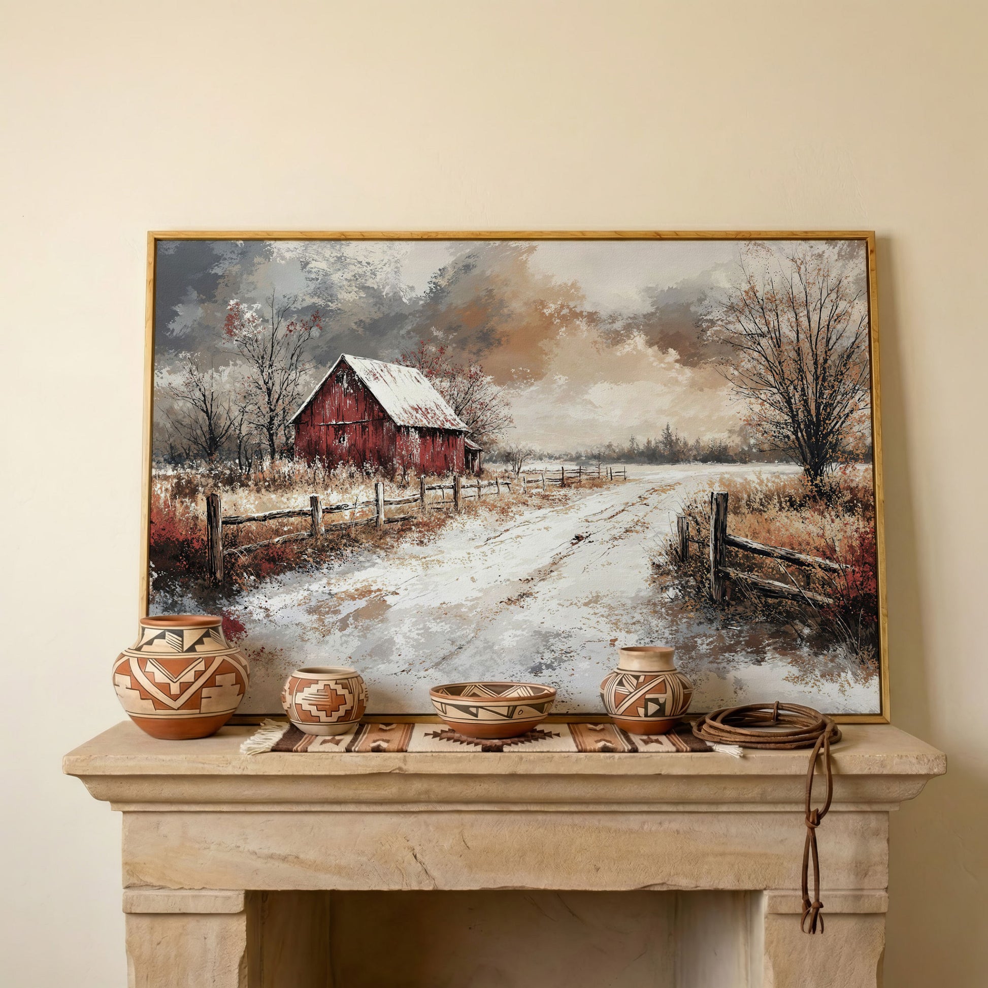 Red Barn in Snow, Rustic Winter Landscape Canvas Art in white oak floating frame