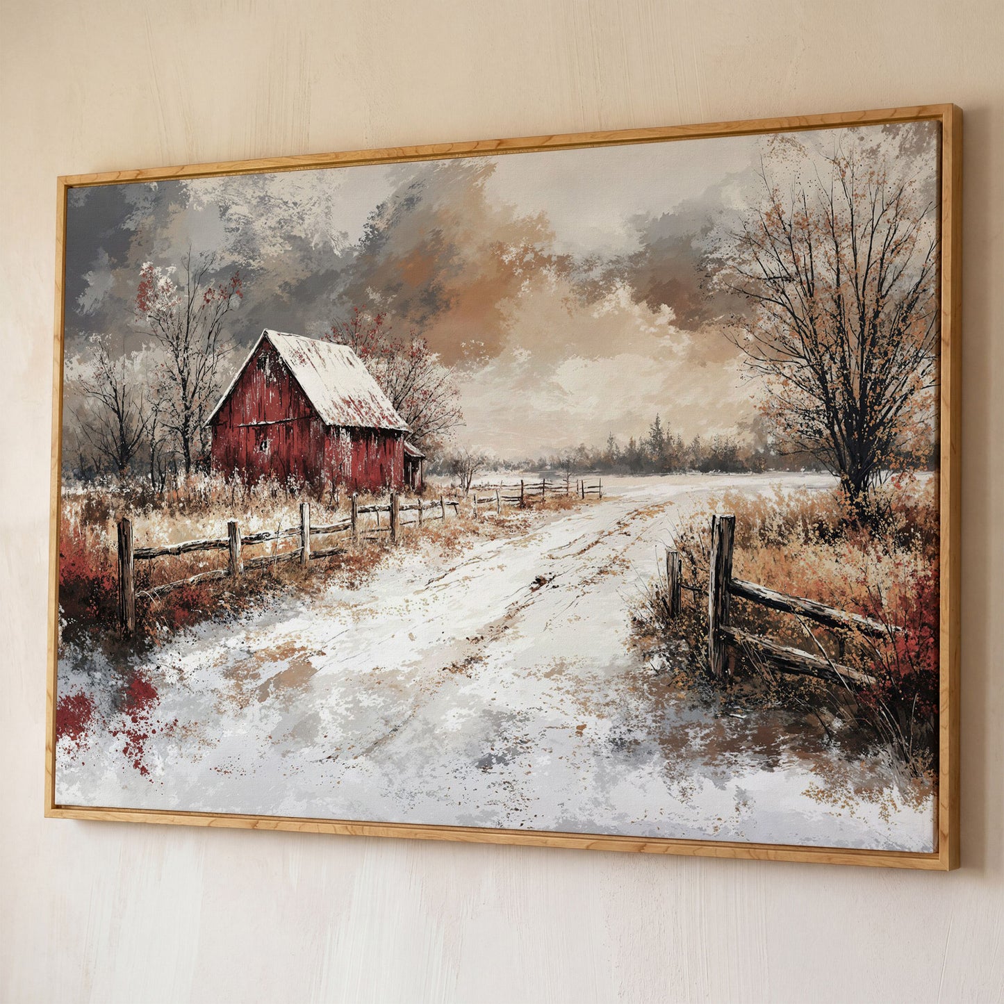 Red Barn in Snow, Rustic Winter Landscape Canvas Art shown in white oak floating frame