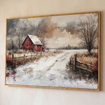 Red Barn in Snow, Rustic Winter Landscape Canvas Art shown in white oak floating frame