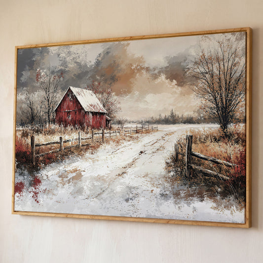Red Barn in Snow, Rustic Winter Landscape Canvas Art shown in white oak floating frame