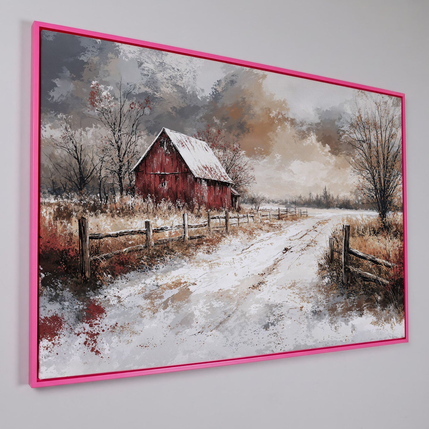 Red Barn in Snow, Rustic Winter Landscape Canvas Art in pink floating frame