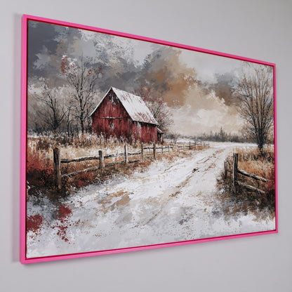 Red Barn in Snow, Rustic Winter Landscape Canvas Art in pink floating frame