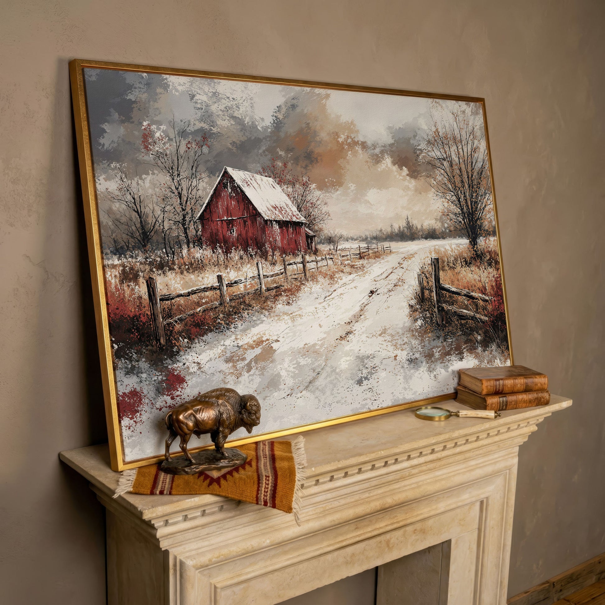 Red Barn in Snow, Rustic Winter Landscape Canvas Art in rose gold floating frame