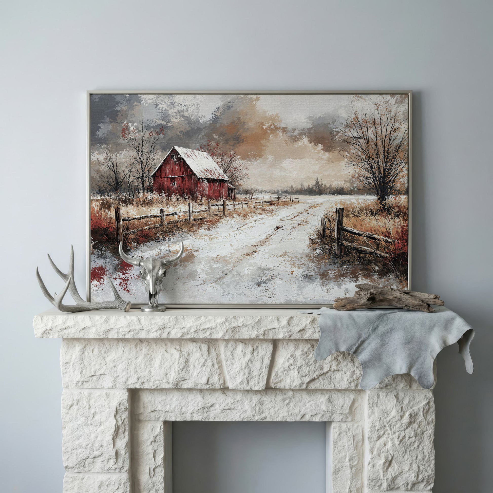 Red Barn in Snow, Rustic Winter Landscape Canvas Art in silver floating frame