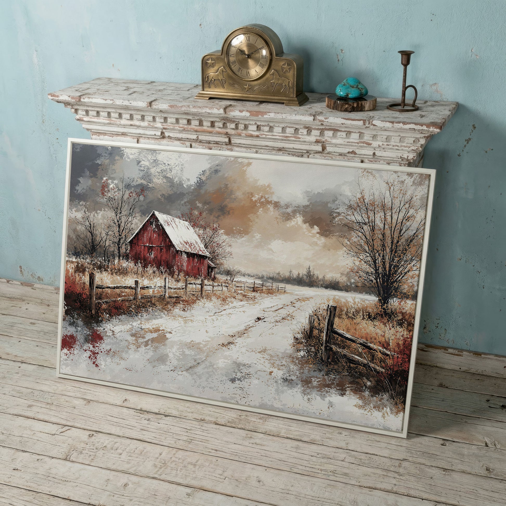 Red Barn in Snow, Rustic Winter Landscape Canvas Art in white floating frame