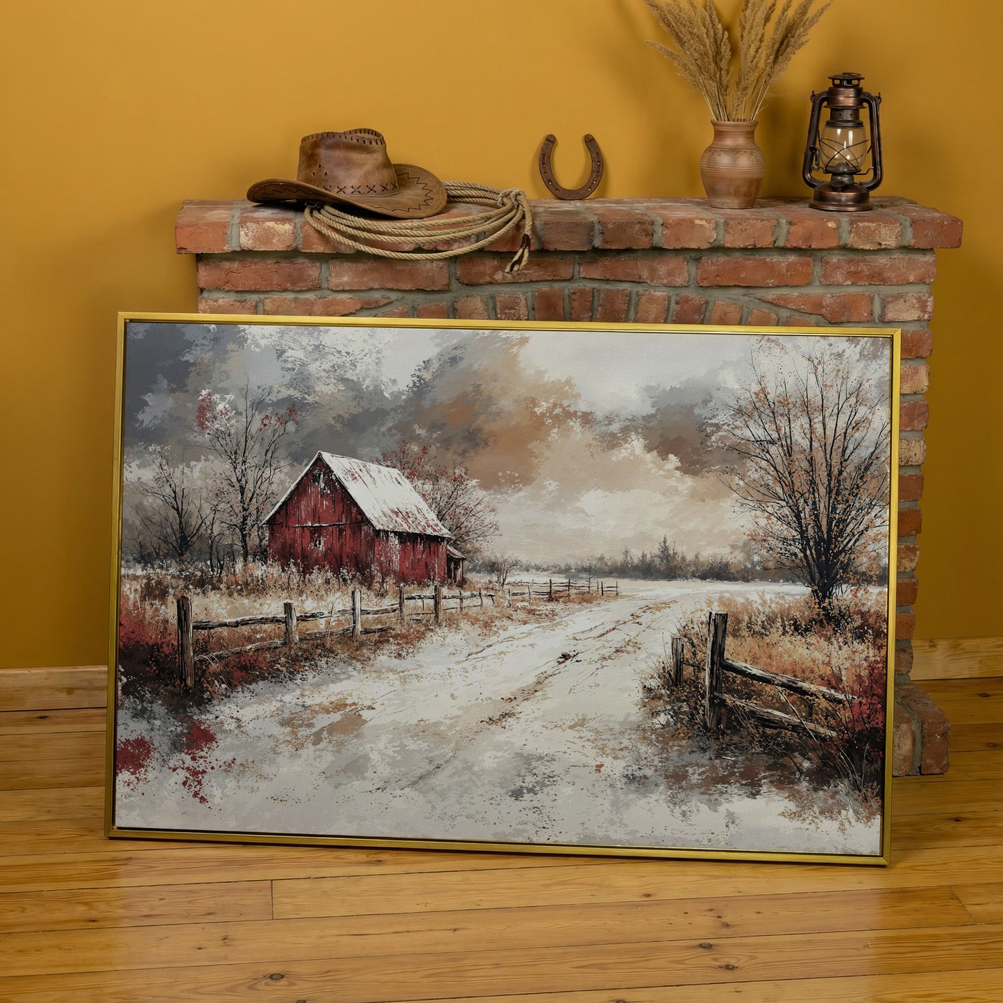 Red Barn in Snow, Rustic Winter Landscape Canvas Art in yellow gold floating frame