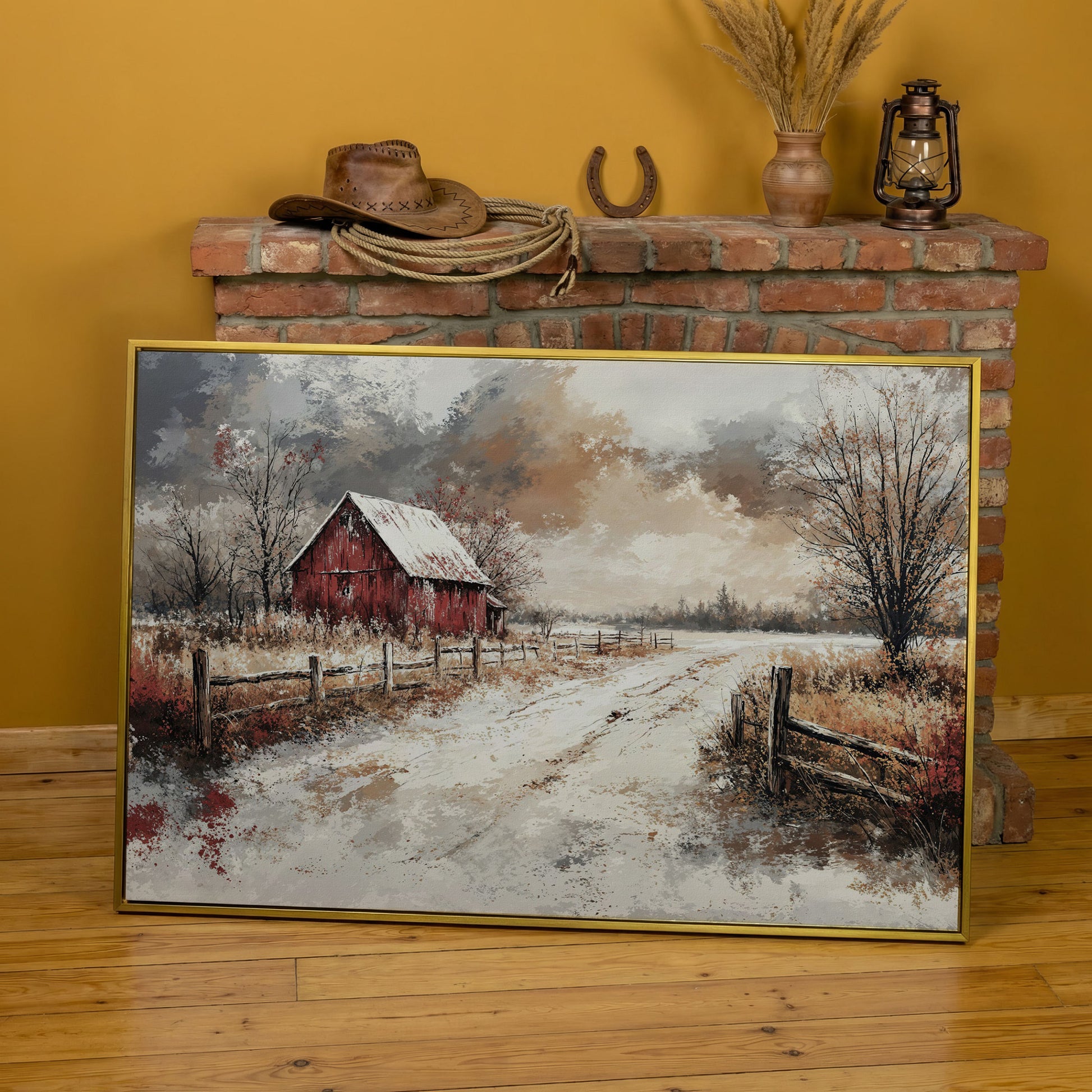 Red Barn in Snow, Rustic Winter Landscape Canvas Art in yellow gold floating frame