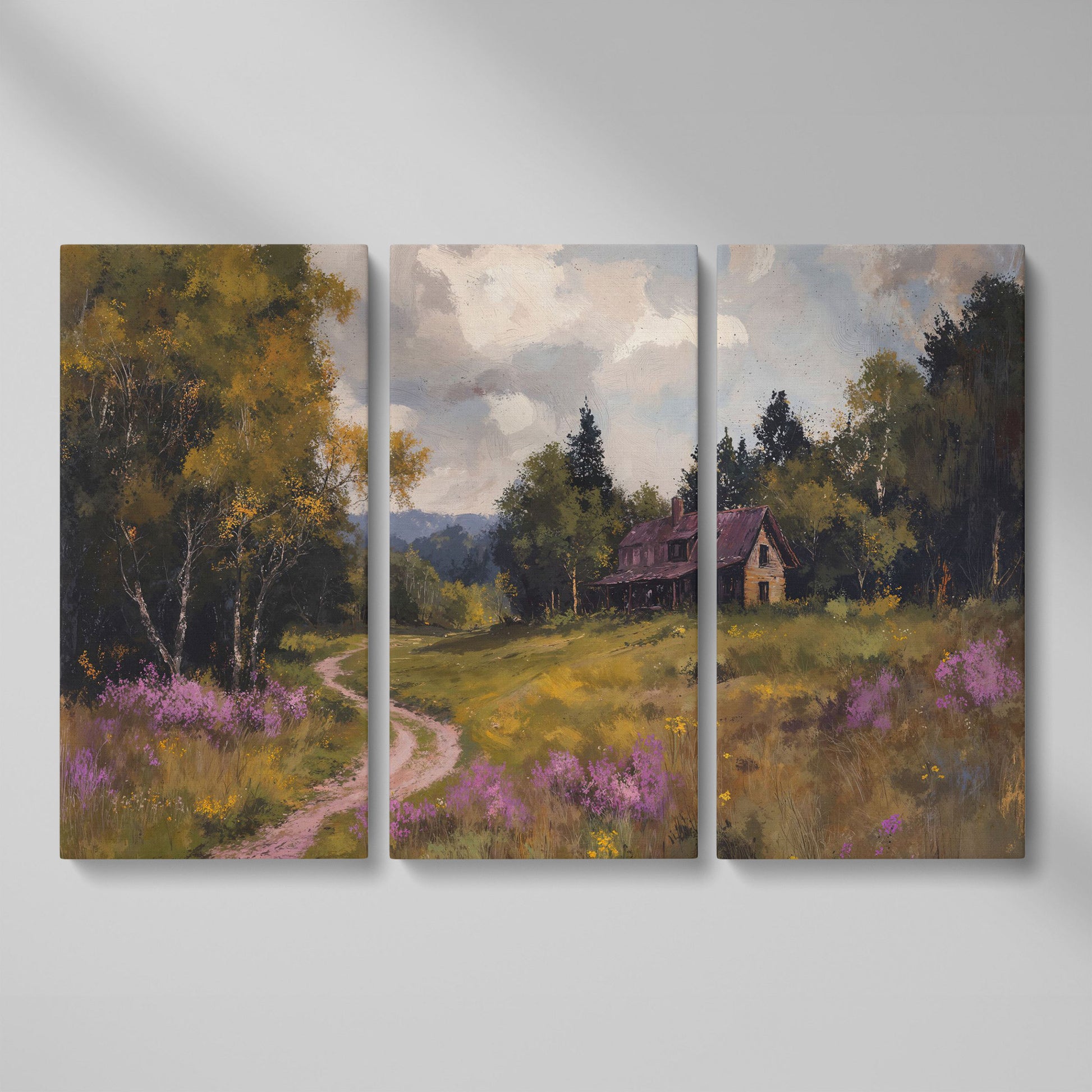 Idyllic Countryside Canvas Print with Vintage Rustic Style as 3-panel split version