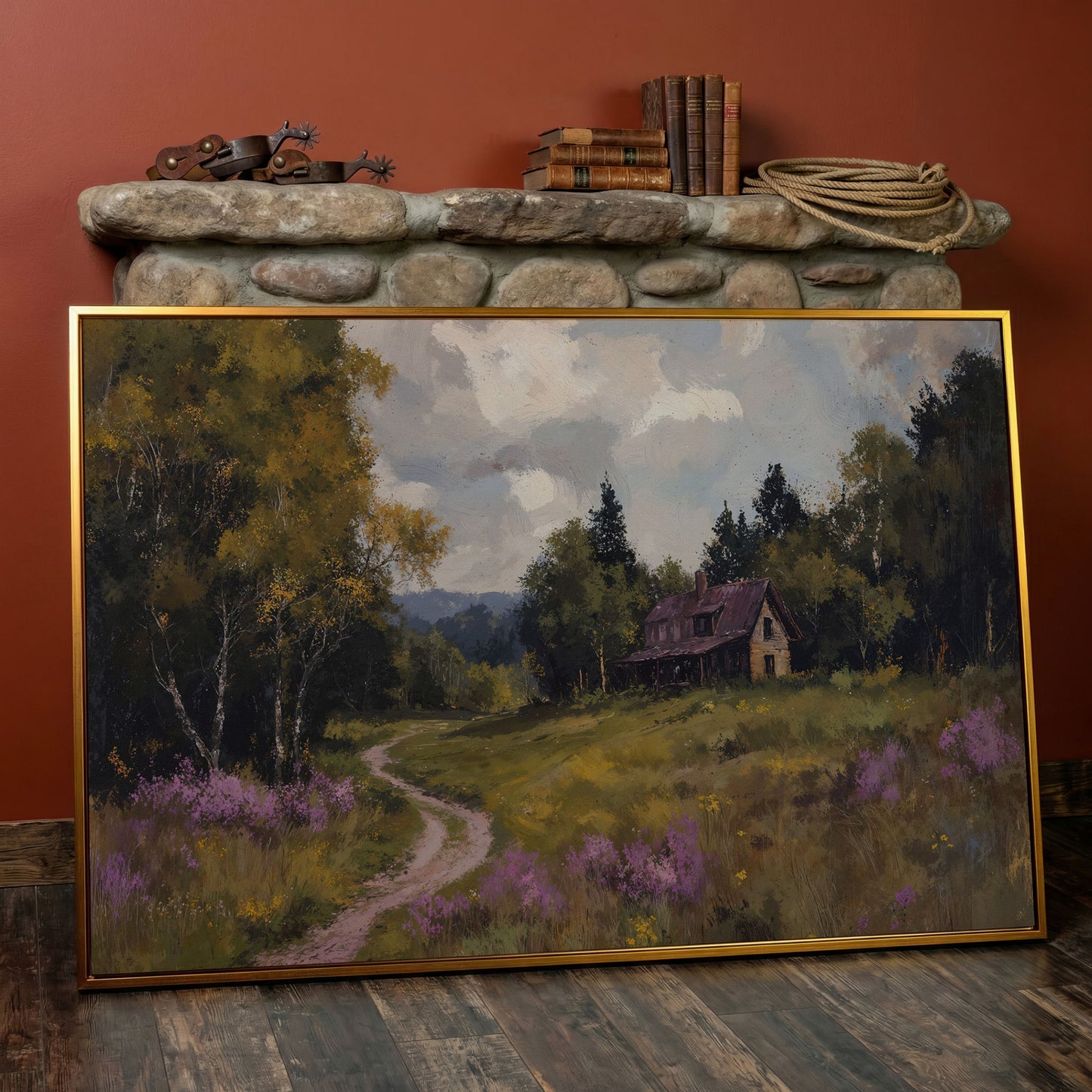 Idyllic Countryside Canvas Print with Vintage Rustic Style in antique gold floating frame