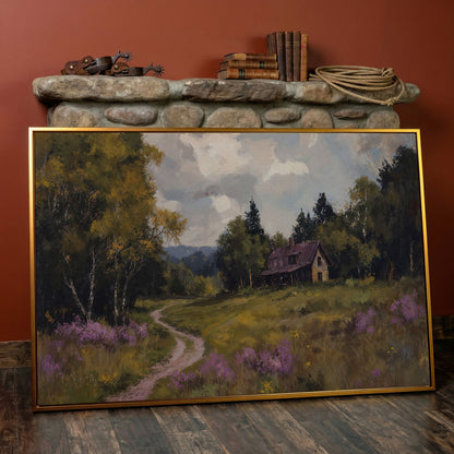 Idyllic Countryside Canvas Print with Vintage Rustic Style in antique gold floating frame
