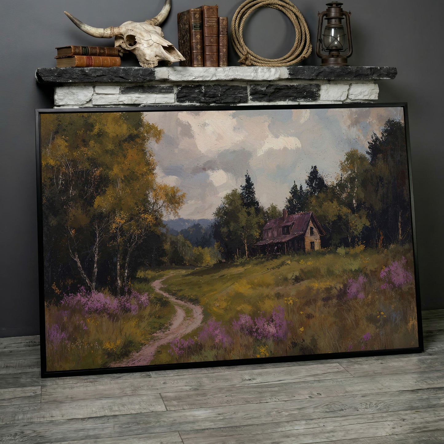 Idyllic Countryside Canvas Print with Vintage Rustic Style in black floating frame