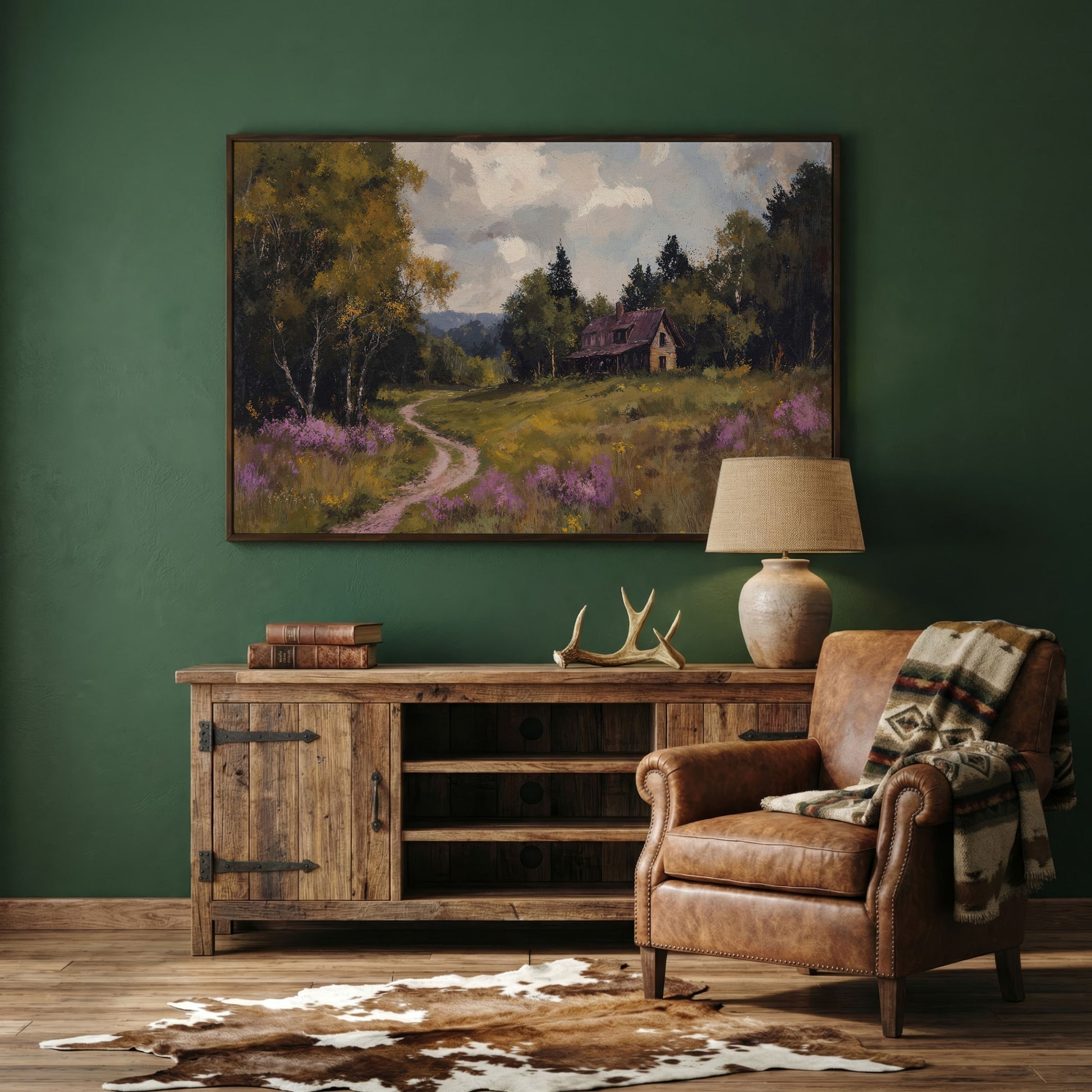 Idyllic Countryside Canvas Print with Vintage Rustic Style in dark walnut floating frame