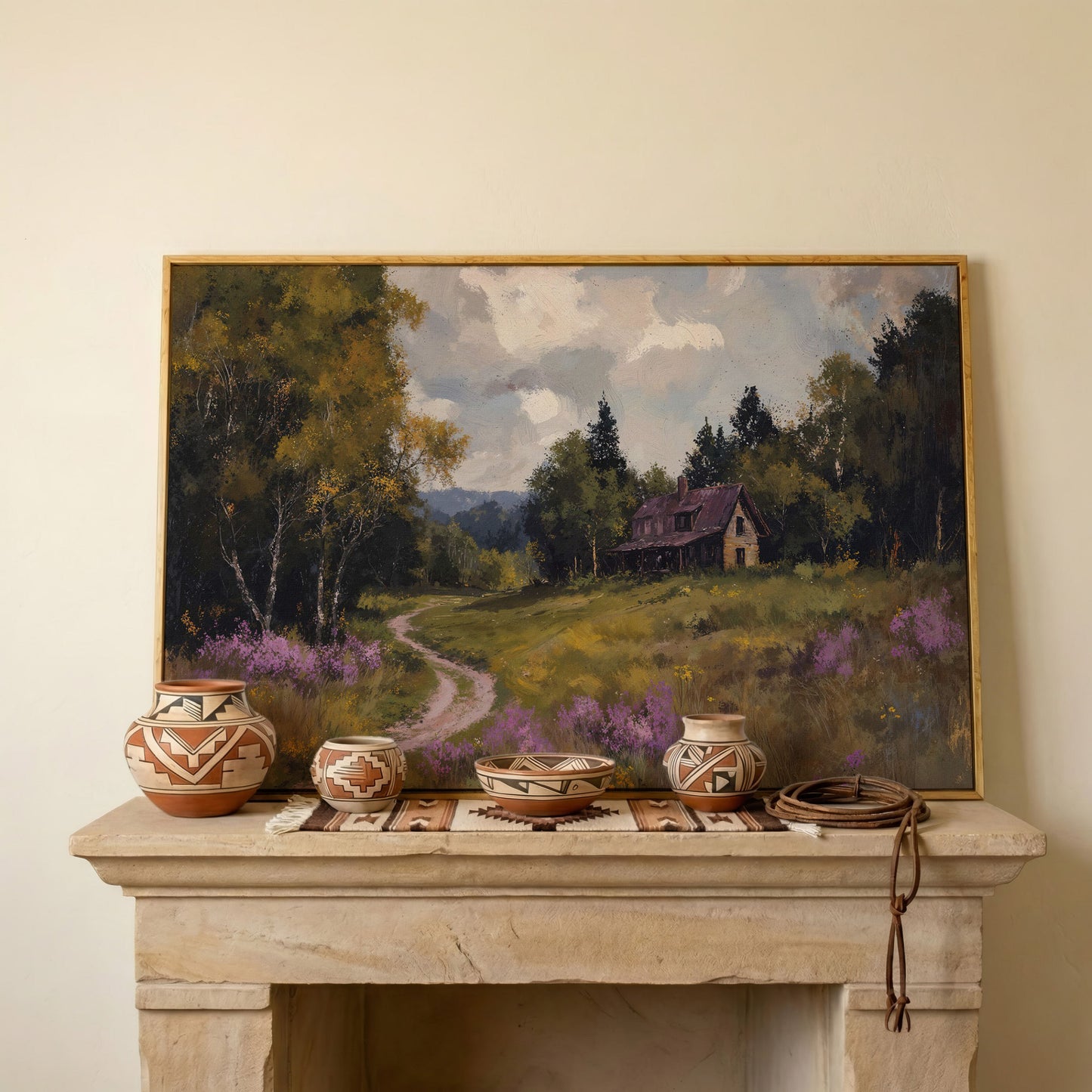 Idyllic Countryside Canvas Print with Vintage Rustic Style in white oak floating frame