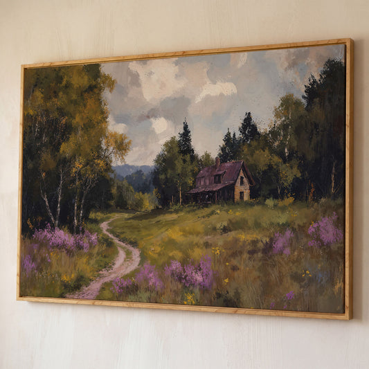 Idyllic Countryside Canvas Print with Vintage Rustic Style shown in white oak floating frame