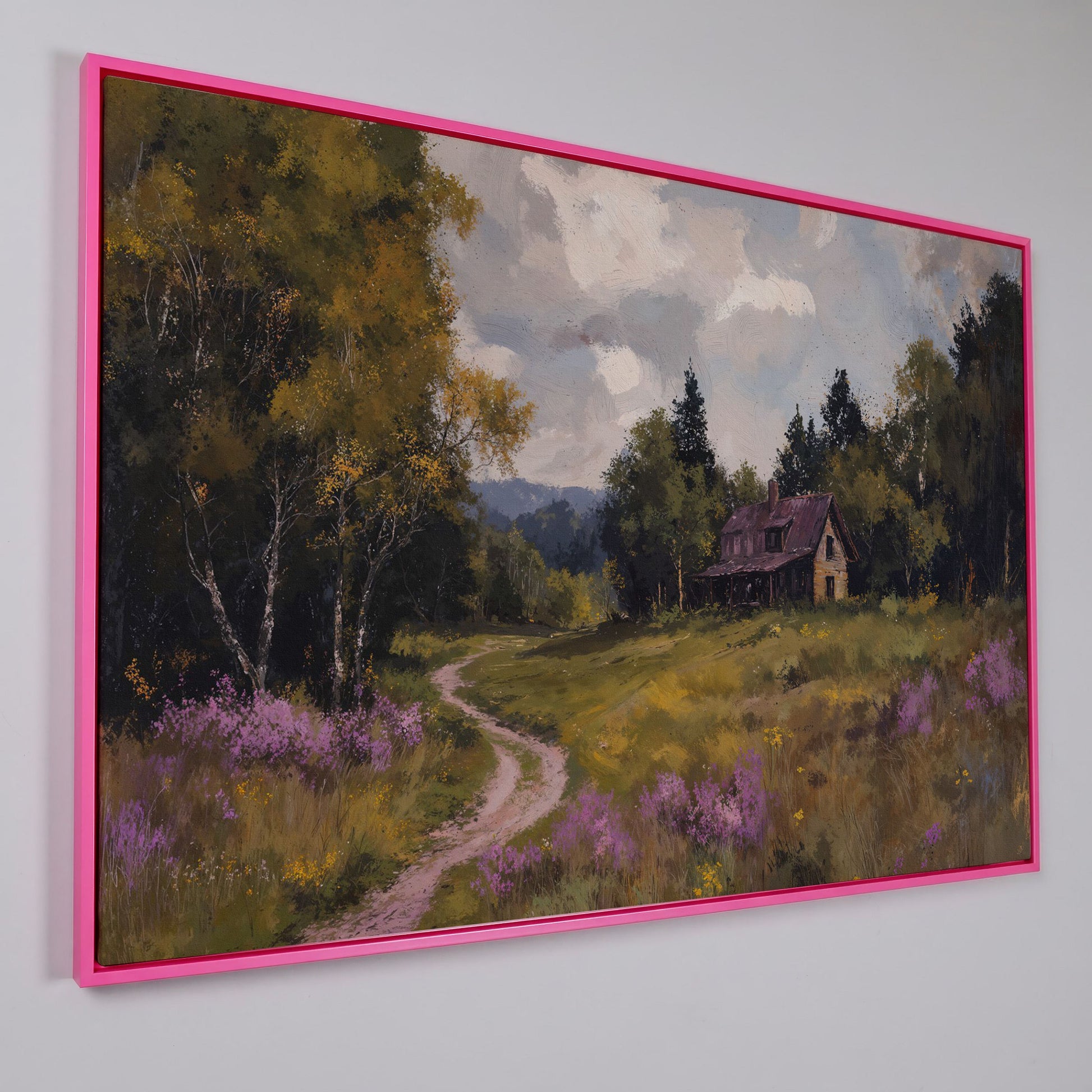 Idyllic Countryside Canvas Print with Vintage Rustic Style in pink floating frame