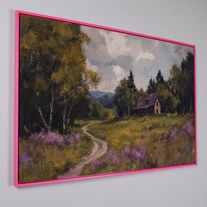 Idyllic Countryside Canvas Print with Vintage Rustic Style in pink floating frame