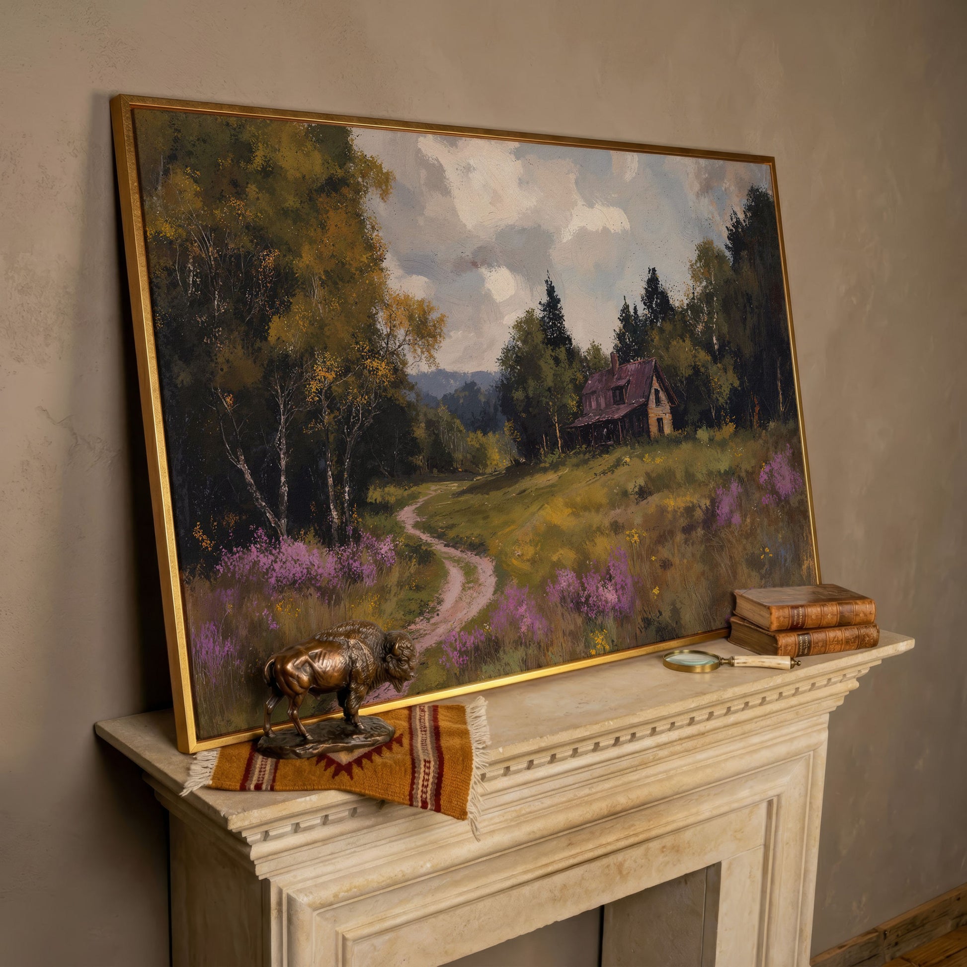 Idyllic Countryside Canvas Print with Vintage Rustic Style in rose gold floating frame