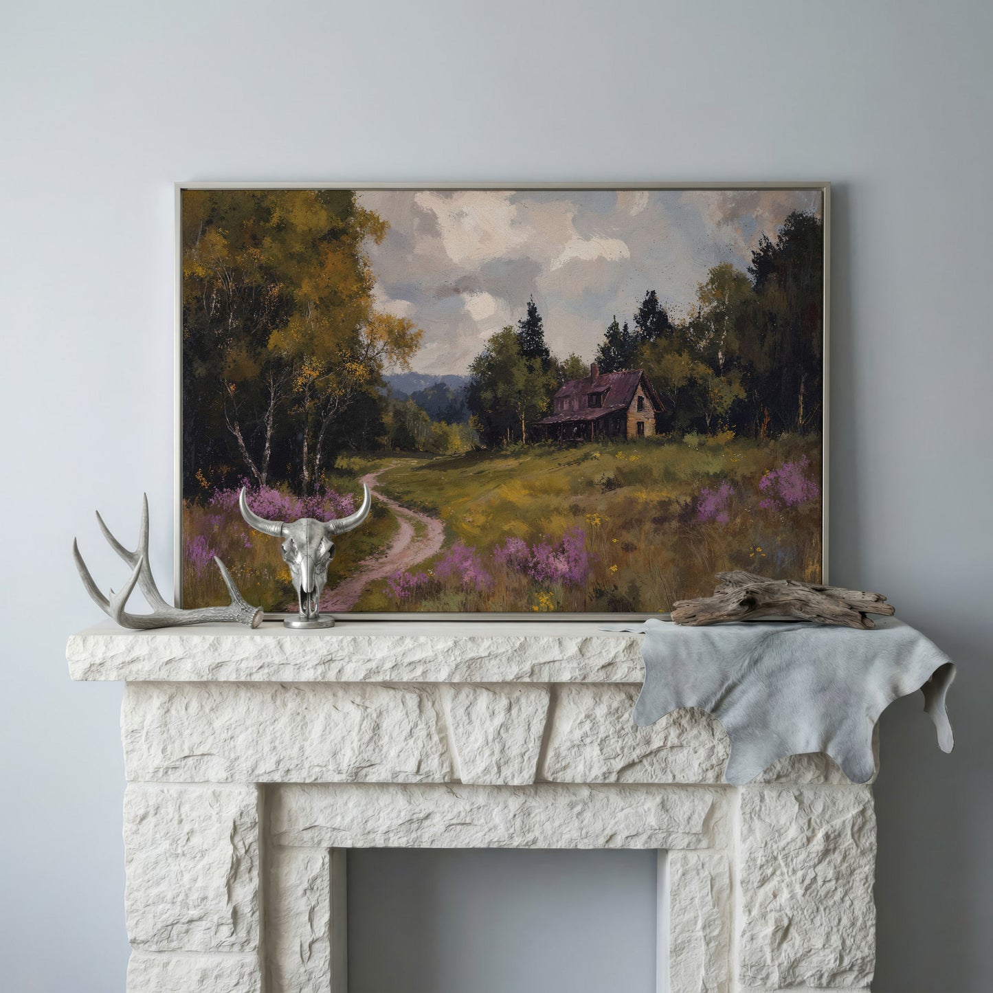 Idyllic Countryside Canvas Print with Vintage Rustic Style in silver floating frame