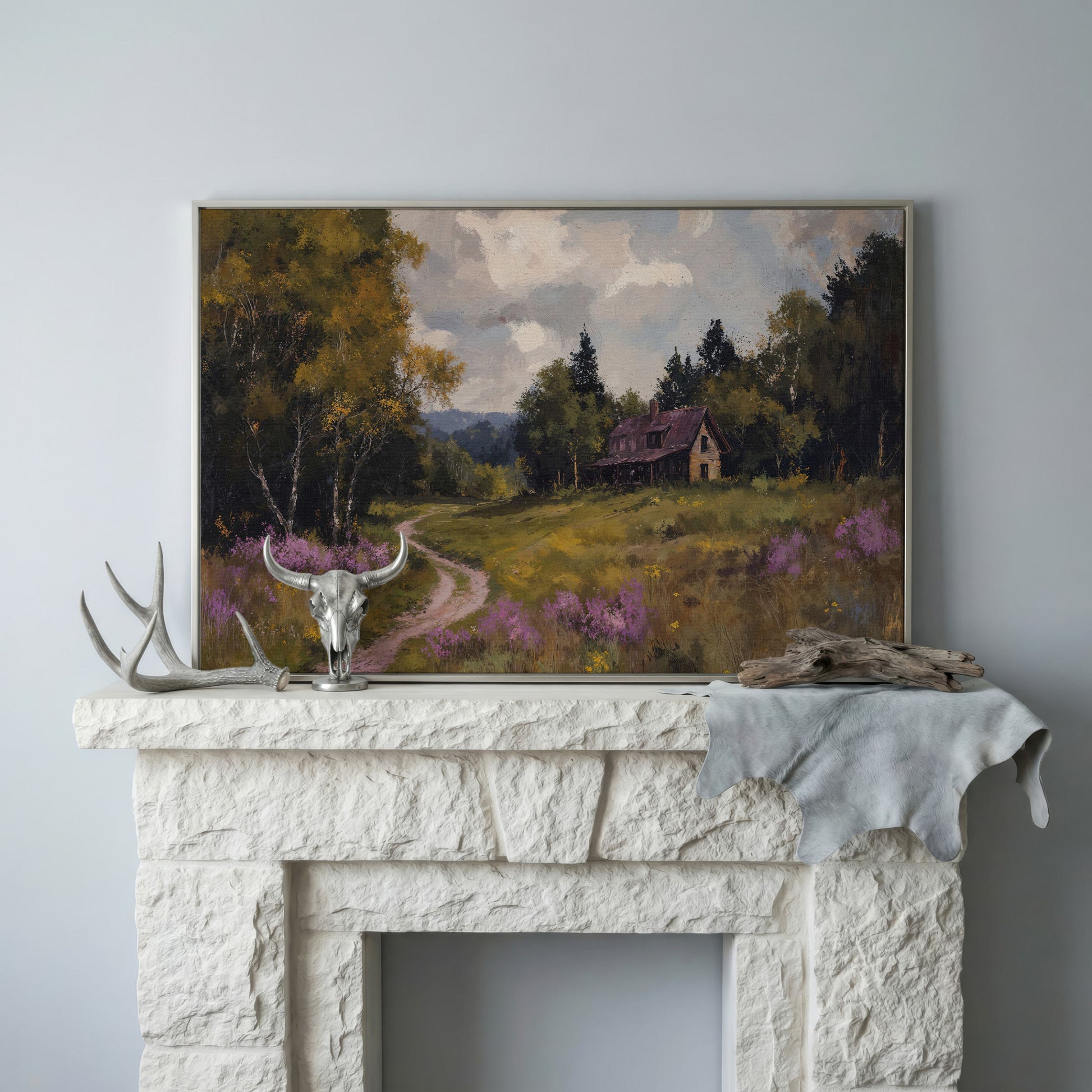 Idyllic Countryside Canvas Print with Vintage Rustic Style in silver floating frame