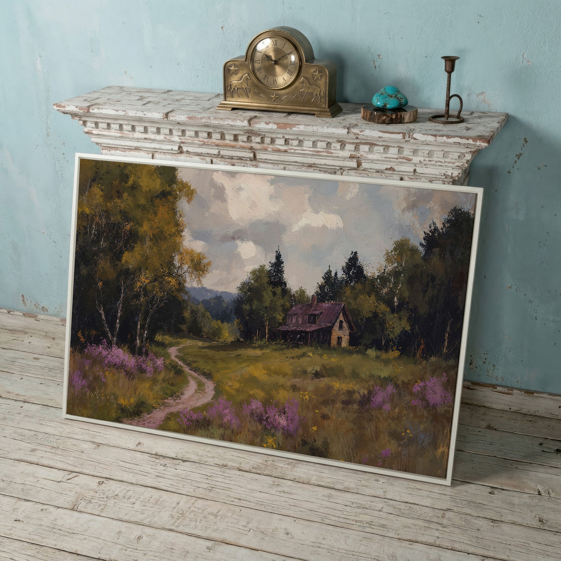 Idyllic Countryside Canvas Print with Vintage Rustic Style in white floating frame