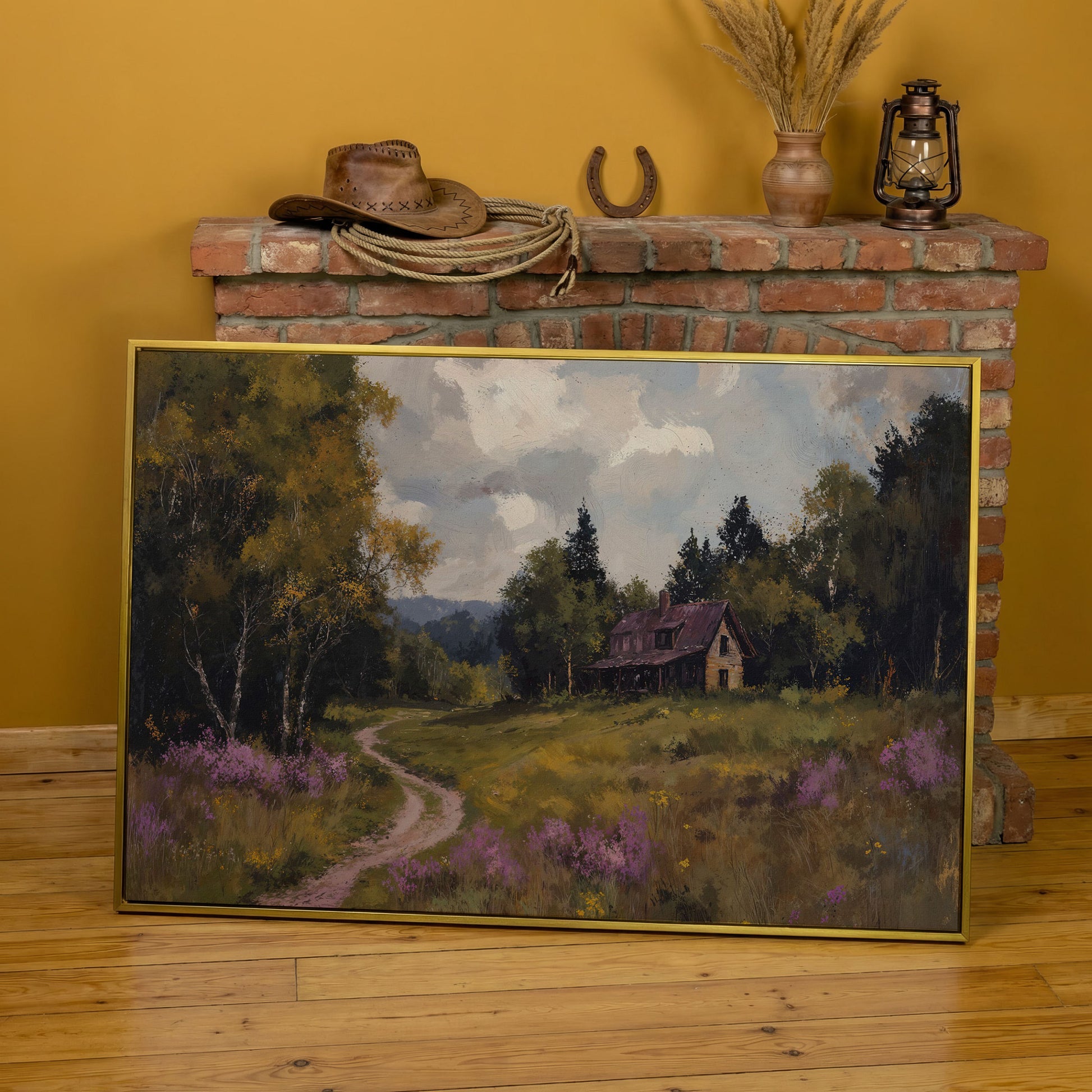 Idyllic Countryside Canvas Print with Vintage Rustic Style in yellow gold floating frame