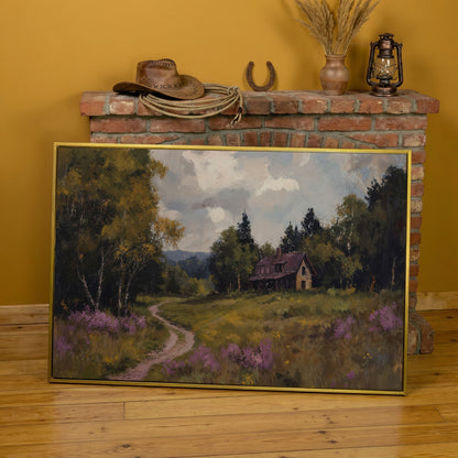 Idyllic Countryside Canvas Print with Vintage Rustic Style in yellow gold floating frame