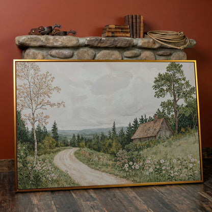Sage Cottage with Wildflowers Canvas Print in antique gold floating frame