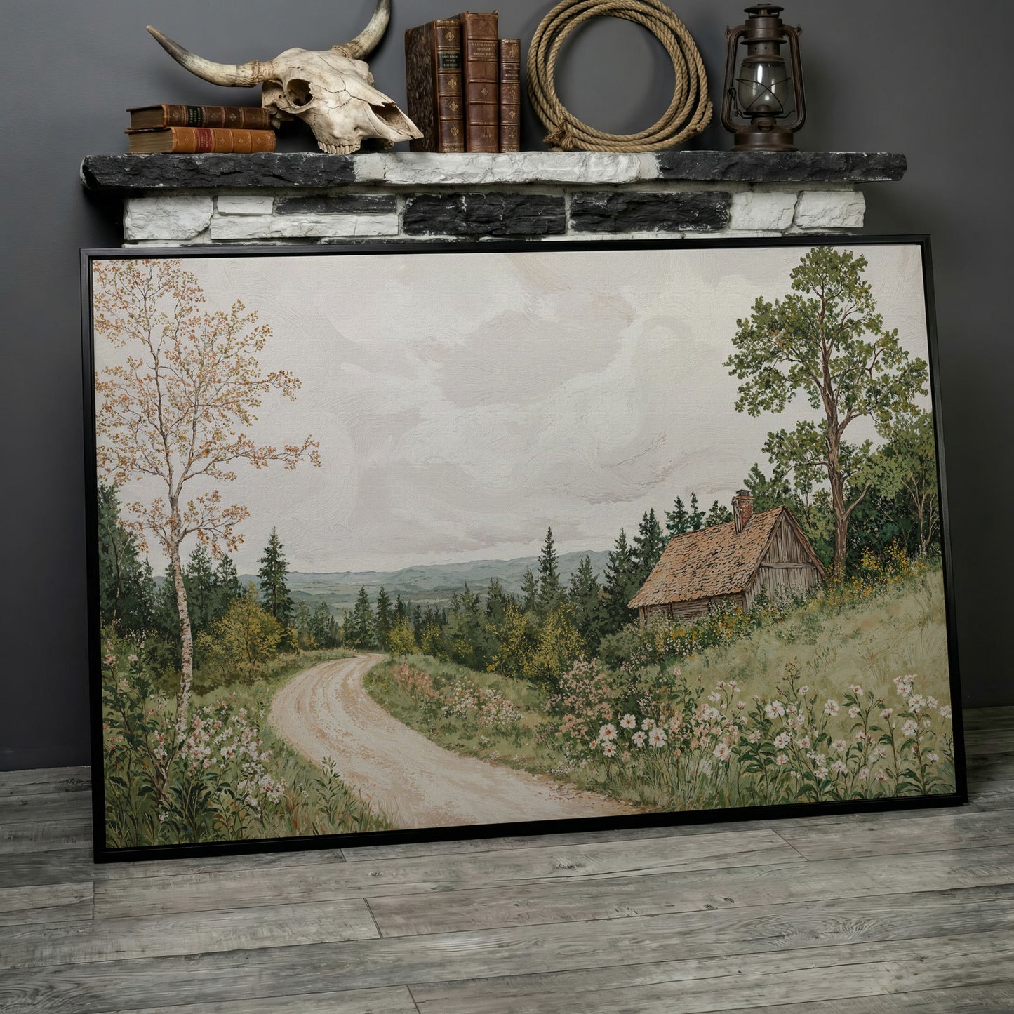 Sage Cottage with Wildflowers Canvas Print in black floating frame