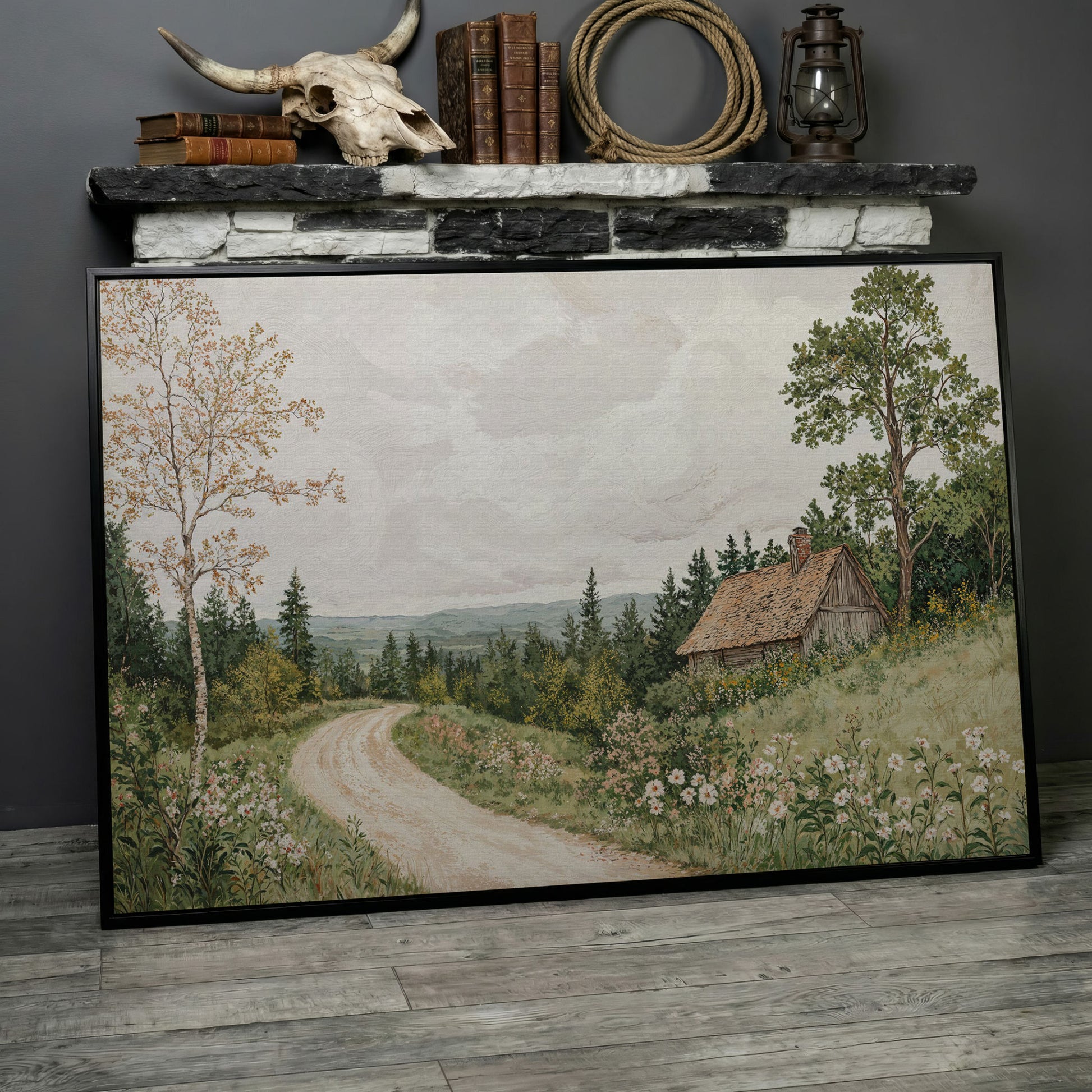 Sage Cottage with Wildflowers Canvas Print in black floating frame
