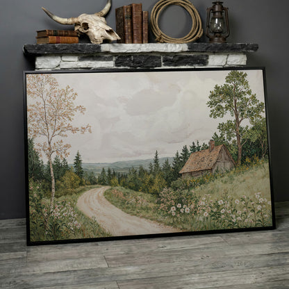 Sage Cottage with Wildflowers Canvas Print in black floating frame