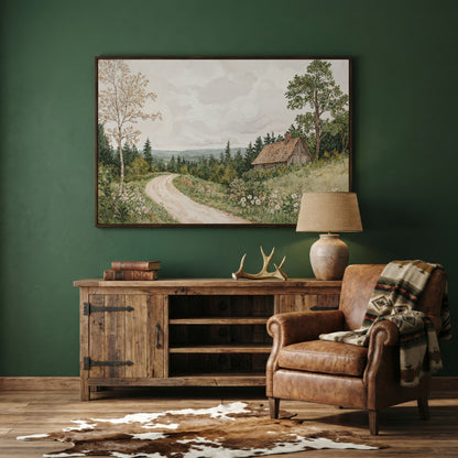 Sage Cottage with Wildflowers Canvas Print in dark walnut floating frame