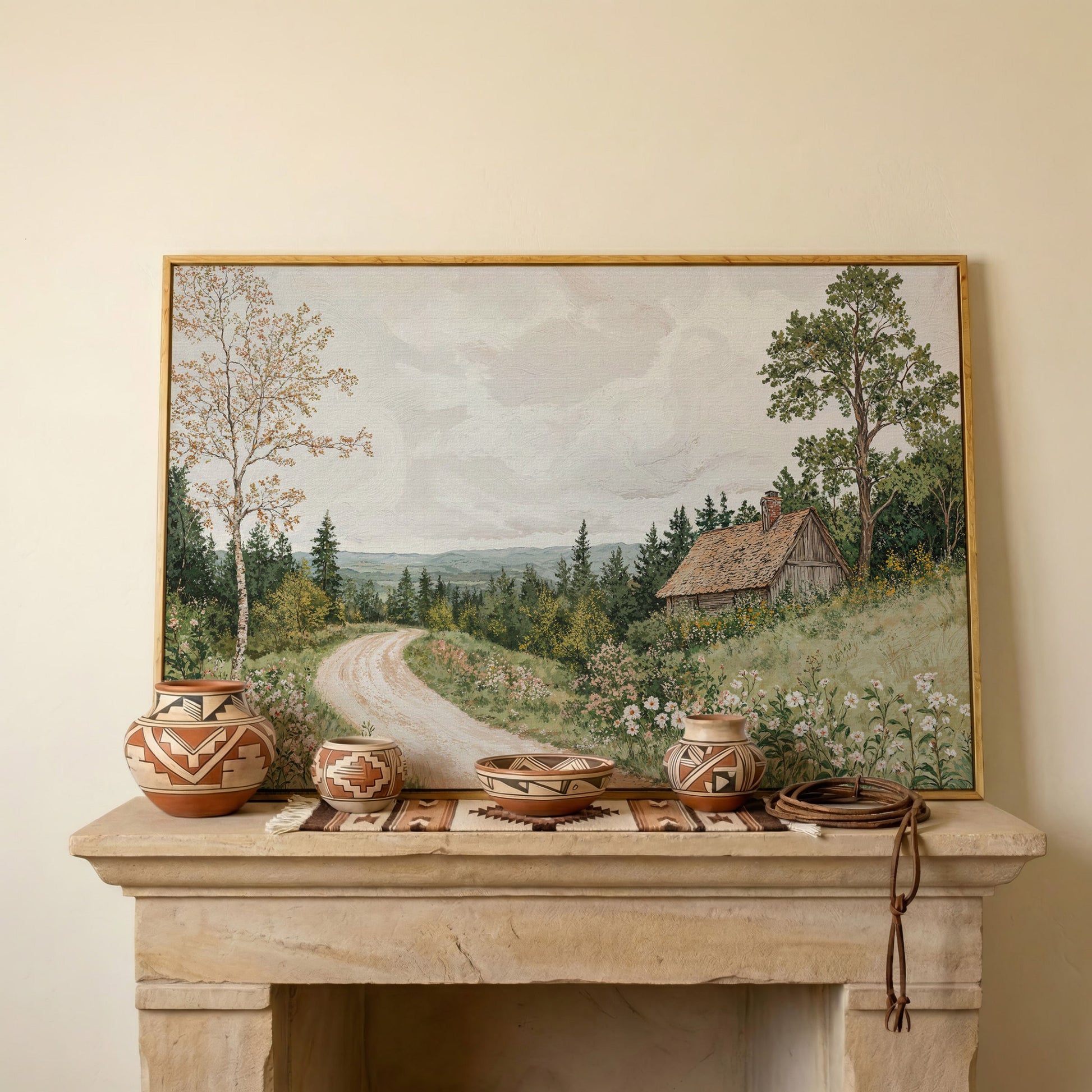 Sage Cottage with Wildflowers Canvas Print in white oak floating frame